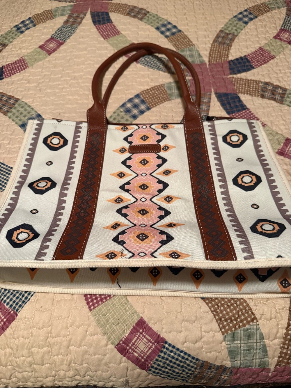 Boho Geometric Canvas Tote Bag with Brown Trim